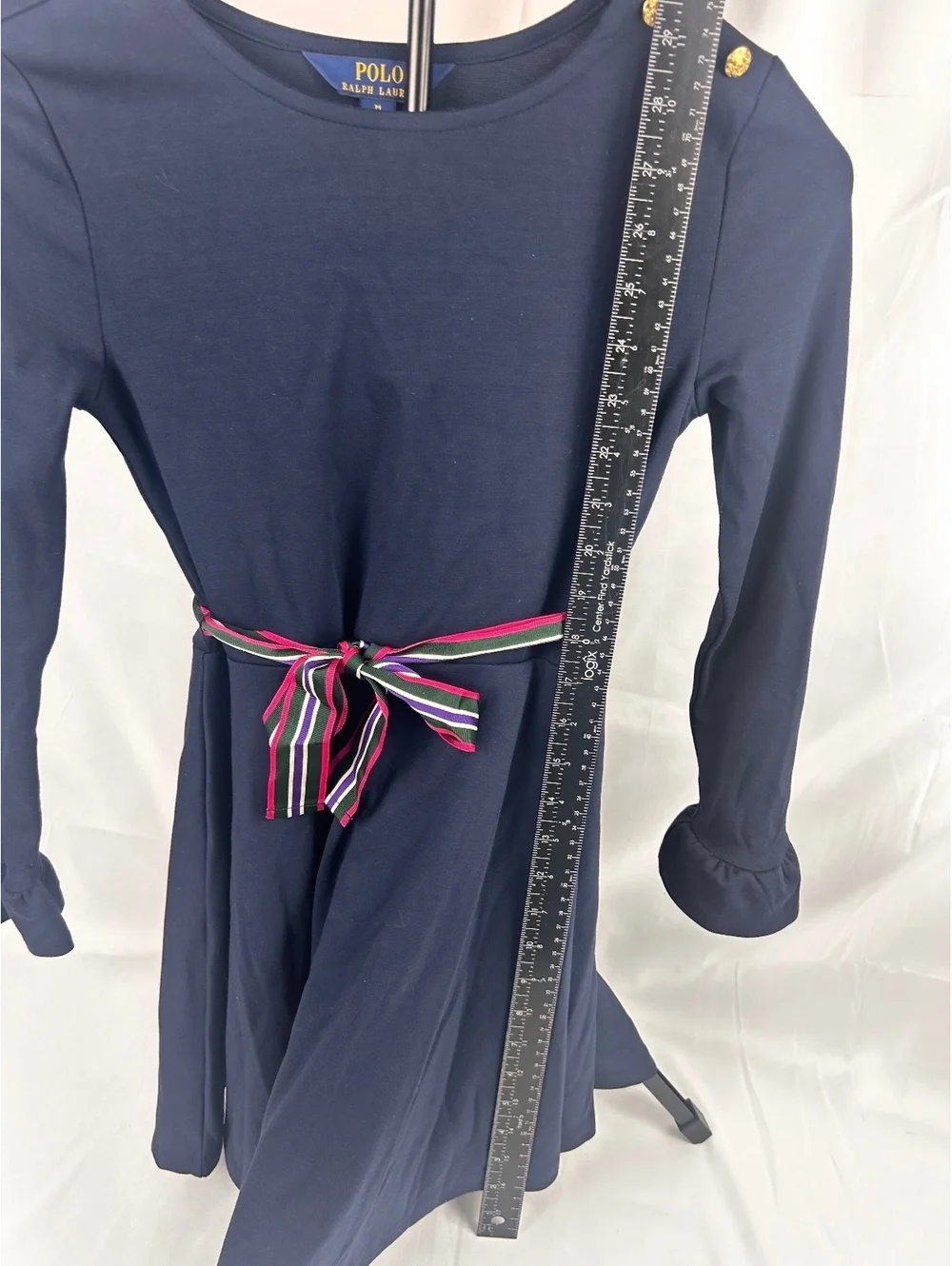 Polo Ralph Lauren Girls Navy Blue Long Sleeve Dress with Striped Waist Tie Size